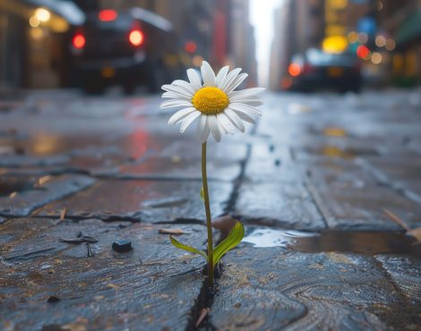 A beautiful flower growing up through the cracks in the concrete. A symbol of hope and resilience in the face of adversity.